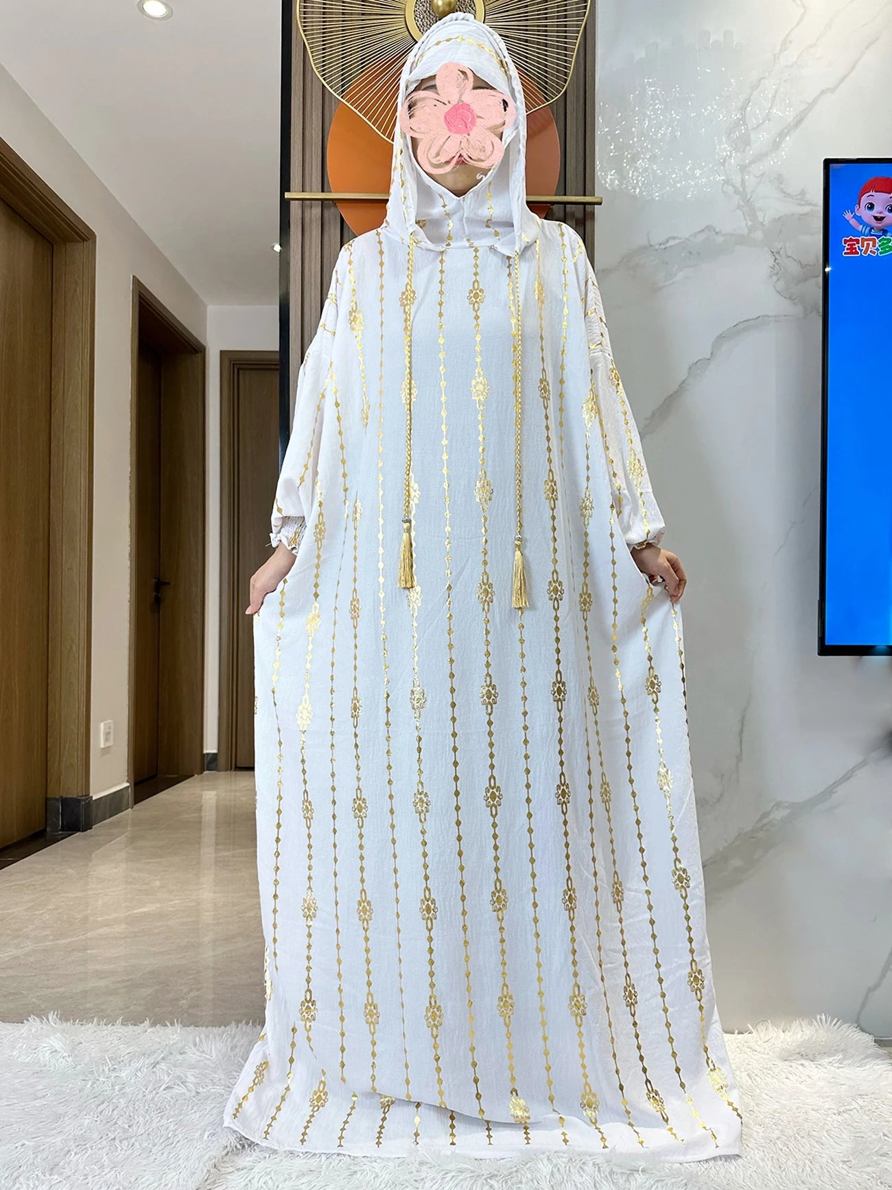 New Cotton Ramadan Muslim Two-Hat Abaya Dubai Turkey Islam Prayer Clothes Gold Dust   Dress Islam Women Dress Kaftan