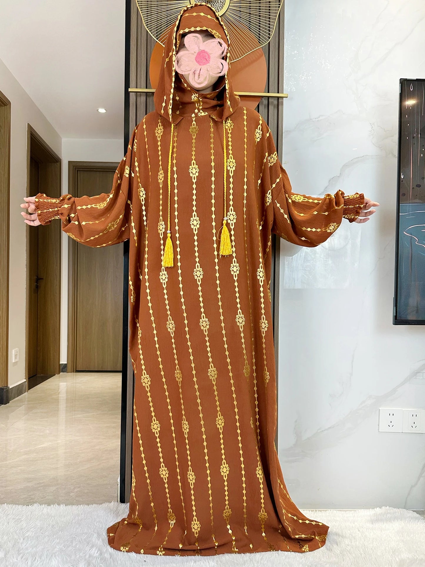 New Cotton Ramadan Muslim Two-Hat Abaya Dubai Turkey Islam Prayer Clothes Gold Dust   Dress Islam Women Dress Kaftan