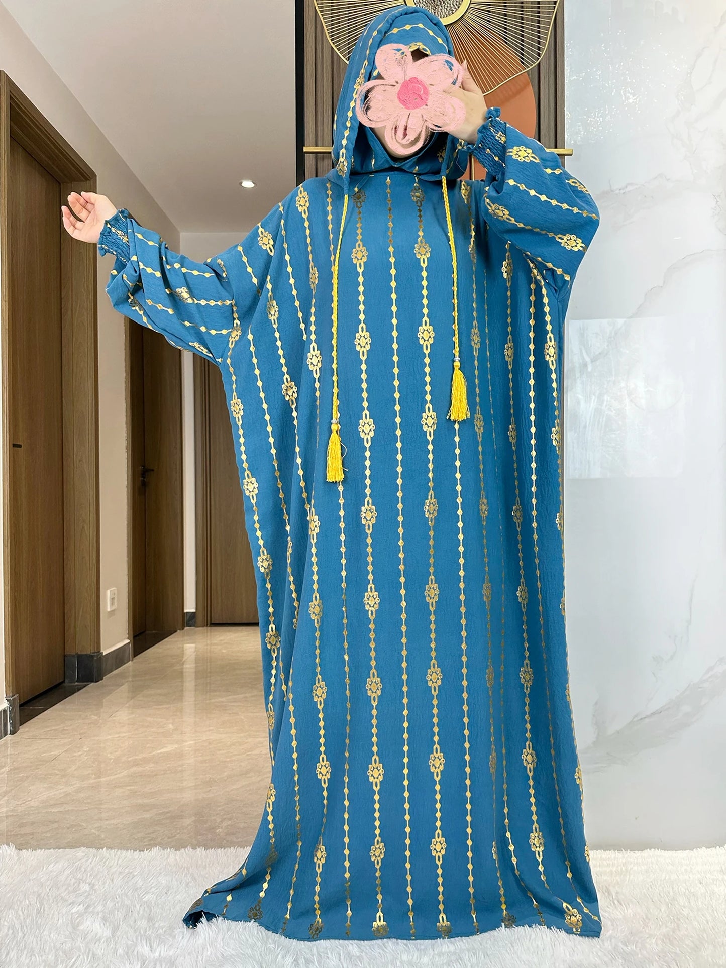 New Cotton Ramadan Muslim Two-Hat Abaya Dubai Turkey Islam Prayer Clothes Gold Dust   Dress Islam Women Dress Kaftan