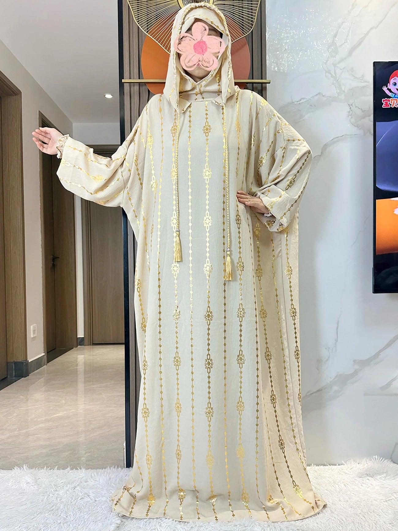 New Cotton Ramadan Muslim Two-Hat Abaya Dubai Turkey Islam Prayer Clothes Gold Dust   Dress Islam Women Dress Kaftan