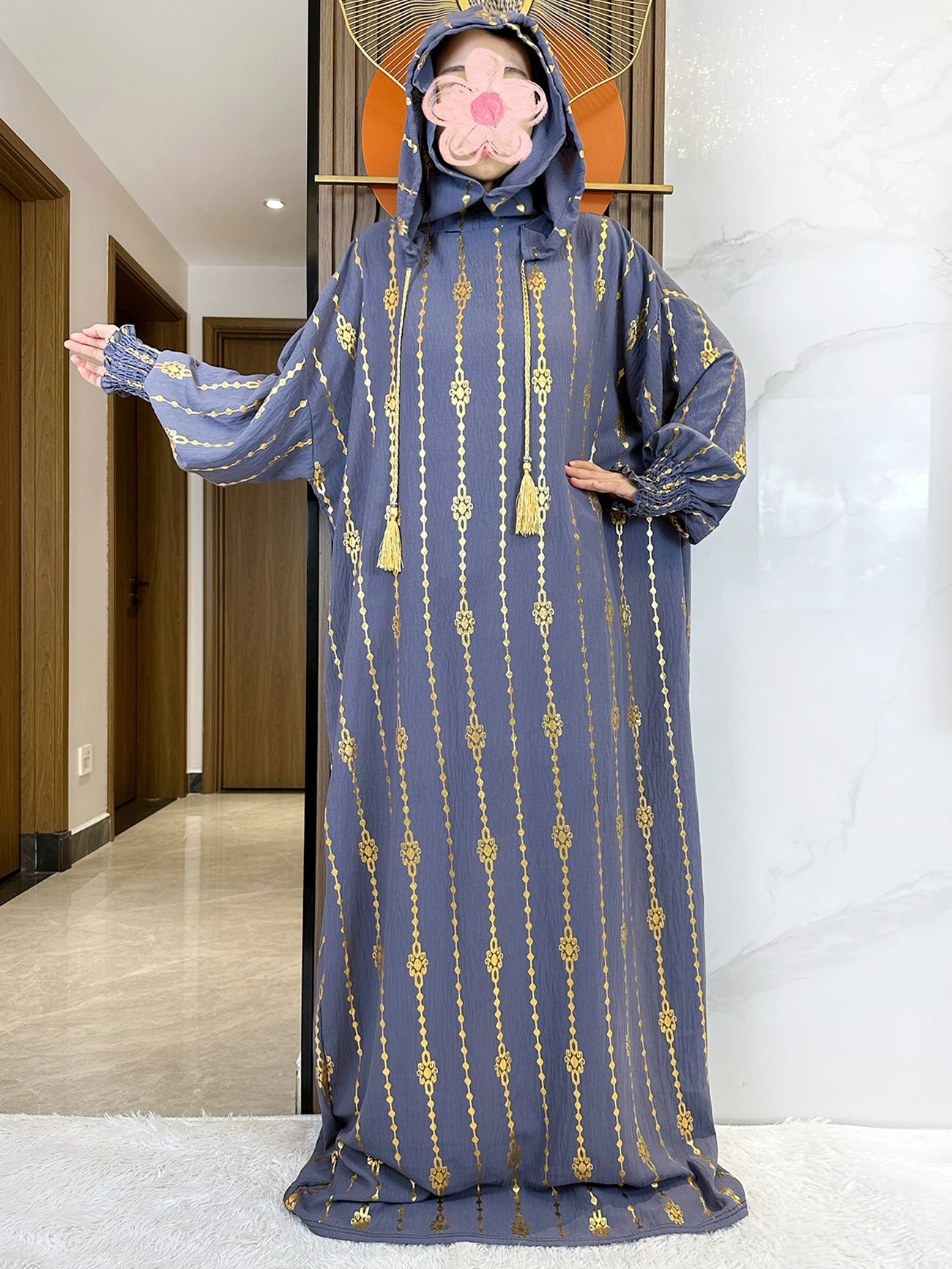 New Cotton Ramadan Muslim Two-Hat Abaya Dubai Turkey Islam Prayer Clothes Gold Dust   Dress Islam Women Dress Kaftan