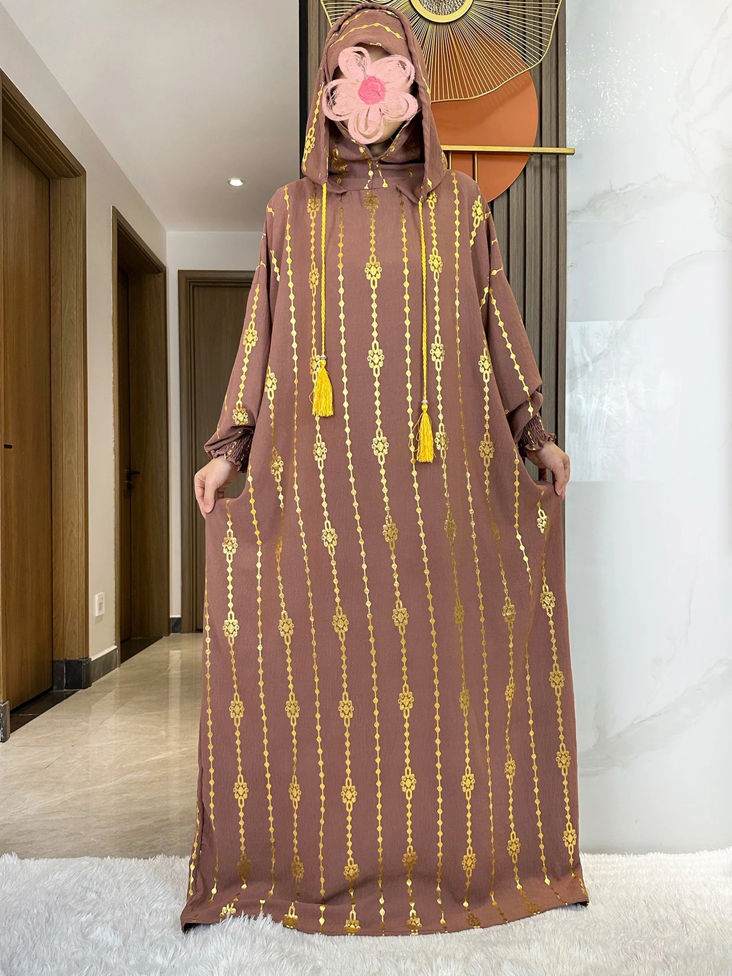 New Cotton Ramadan Muslim Two-Hat Abaya Dubai Turkey Islam Prayer Clothes Gold Dust   Dress Islam Women Dress Kaftan