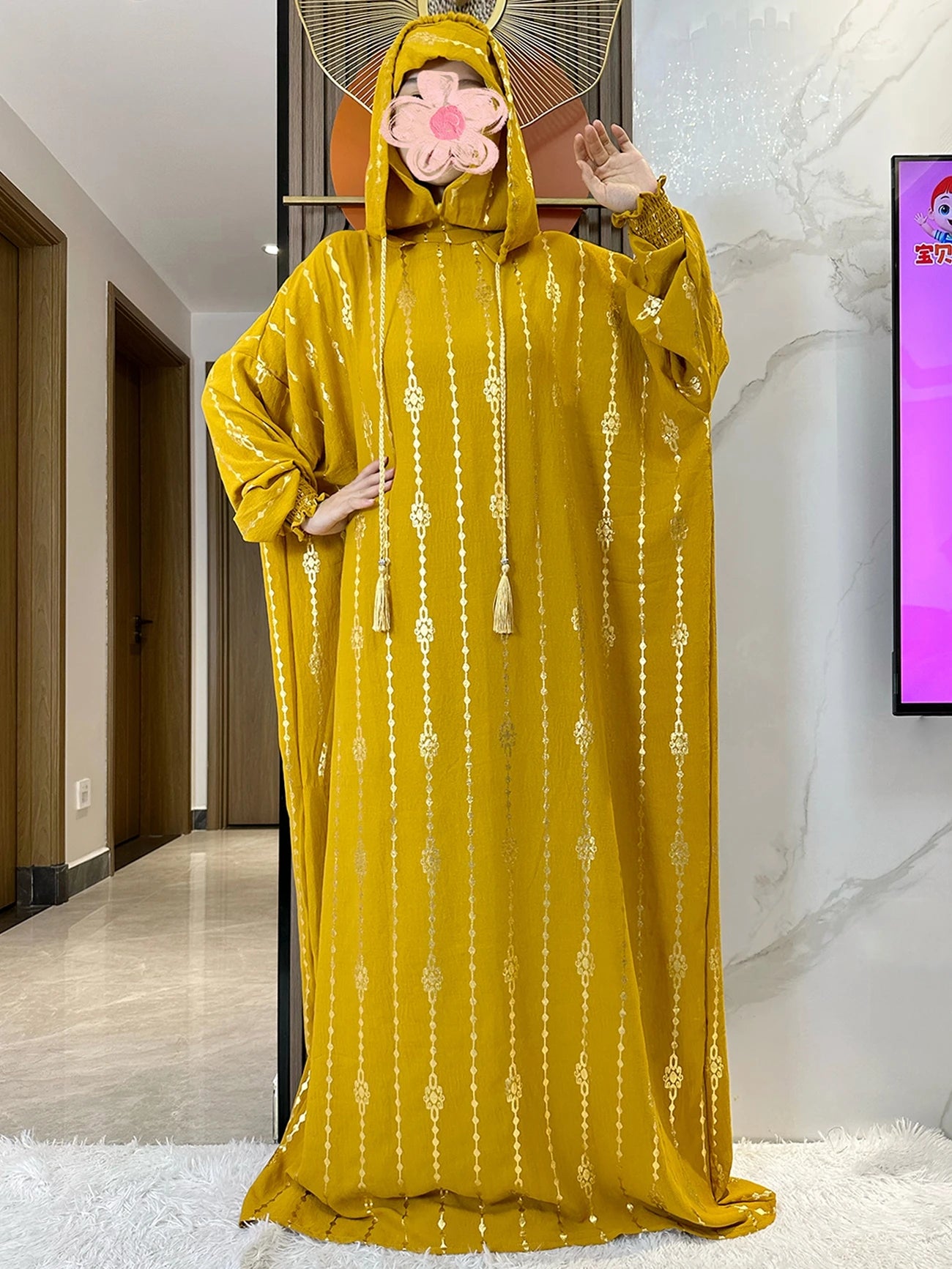 New Cotton Ramadan Muslim Two-Hat Abaya Dubai Turkey Islam Prayer Clothes Gold Dust   Dress Islam Women Dress Kaftan