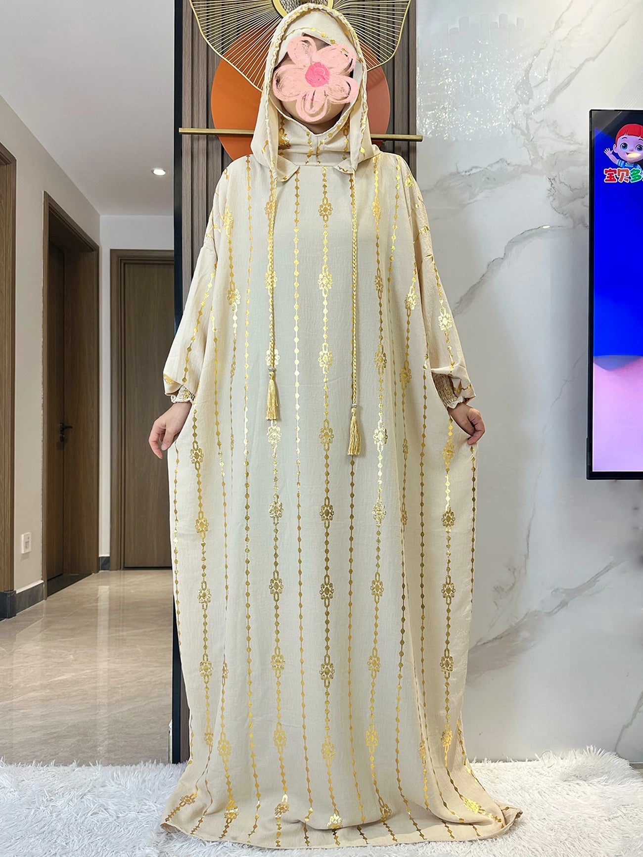 New Cotton Ramadan Muslim Two-Hat Abaya Dubai Turkey Islam Prayer Clothes Gold Dust   Dress Islam Women Dress Kaftan