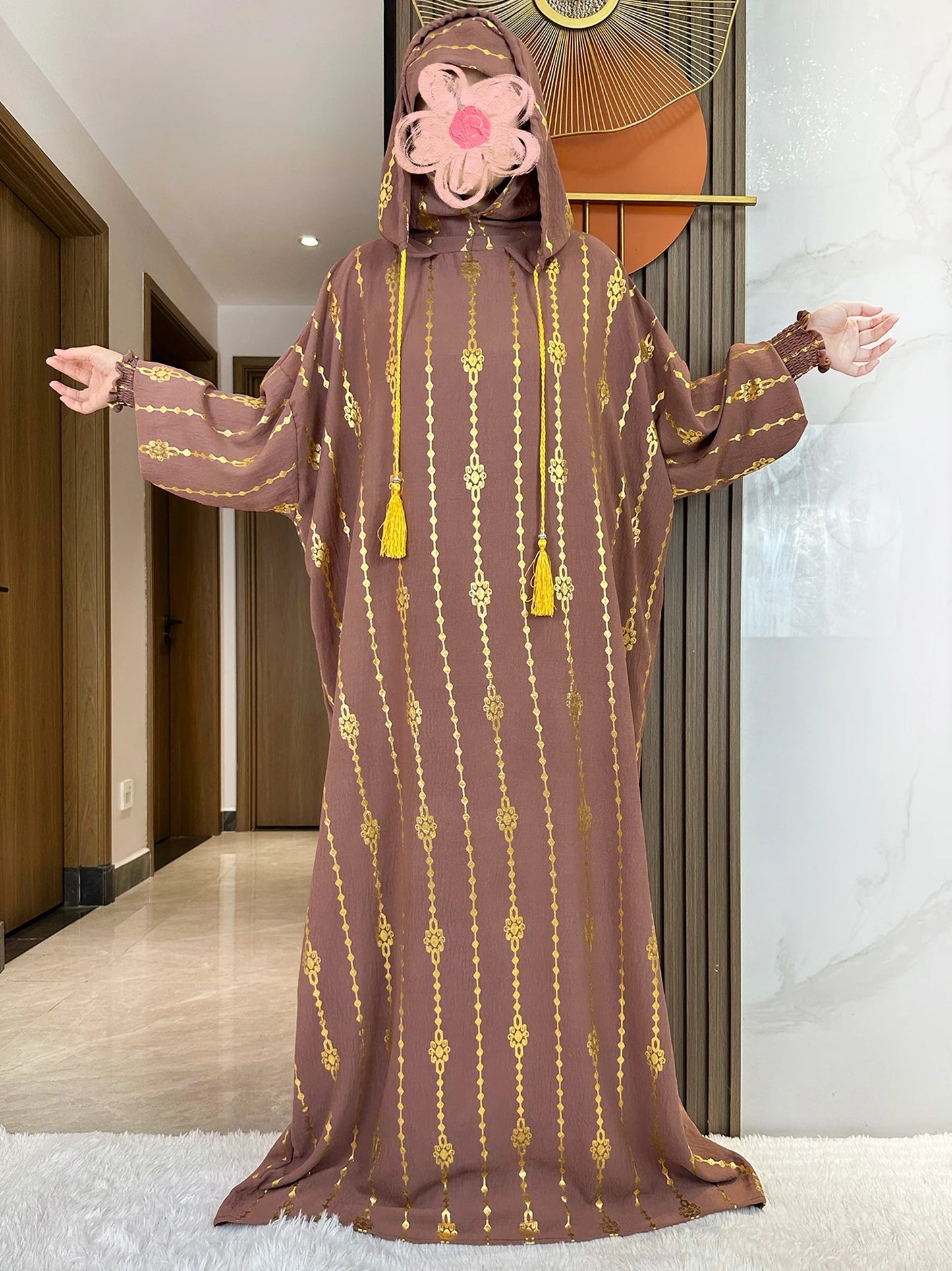 New Cotton Ramadan Muslim Two-Hat Abaya Dubai Turkey Islam Prayer Clothes Gold Dust   Dress Islam Women Dress Kaftan