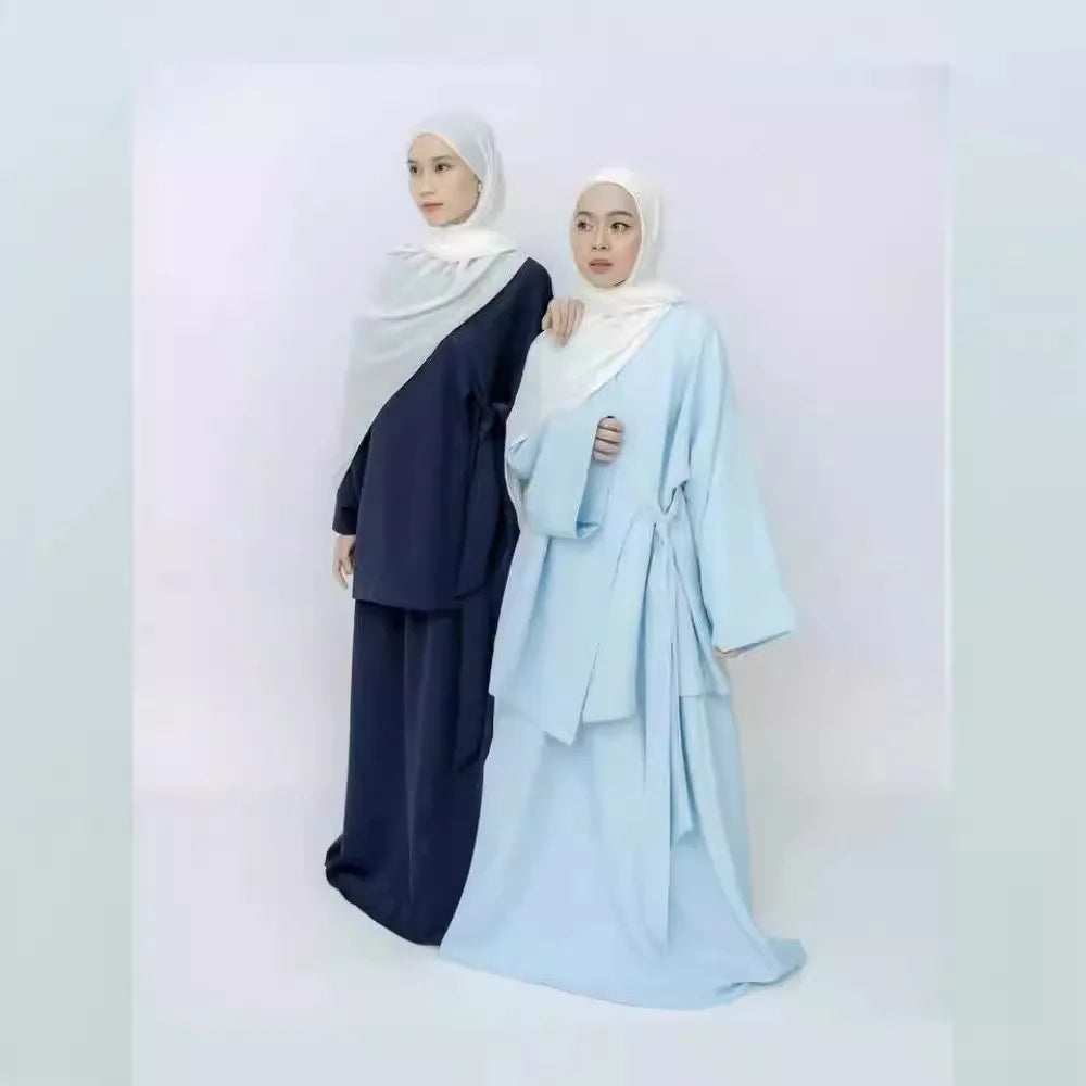 Eid Muslim Women Two Piece Set Kaftan Islam Lace Up Tops Skirt Suits Morocco Ensembles Abaya Turkey Ramadan Modest Outfits