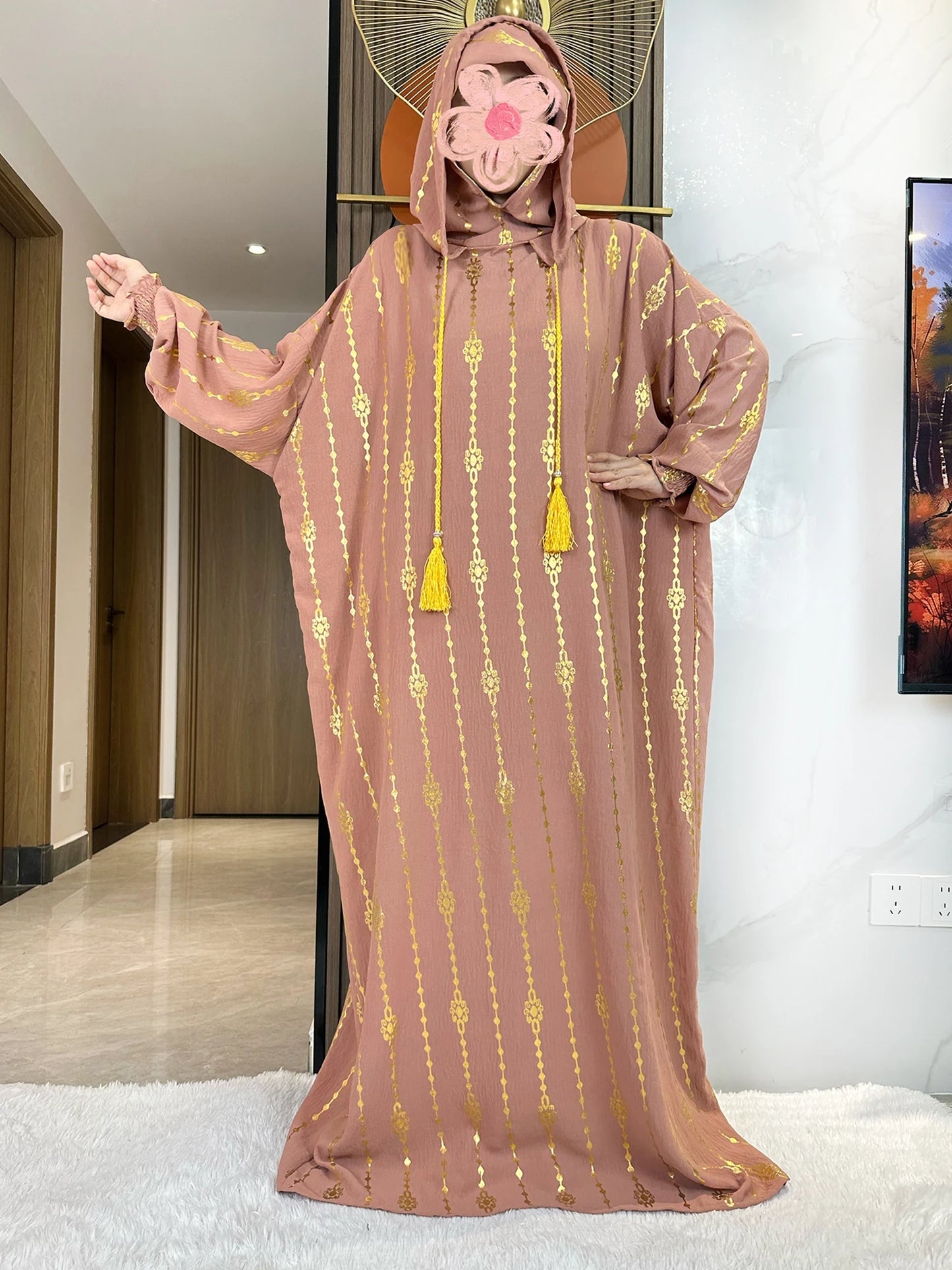 New Cotton Ramadan Muslim Two-Hat Abaya Dubai Turkey Islam Prayer Clothes Gold Dust   Dress Islam Women Dress Kaftan