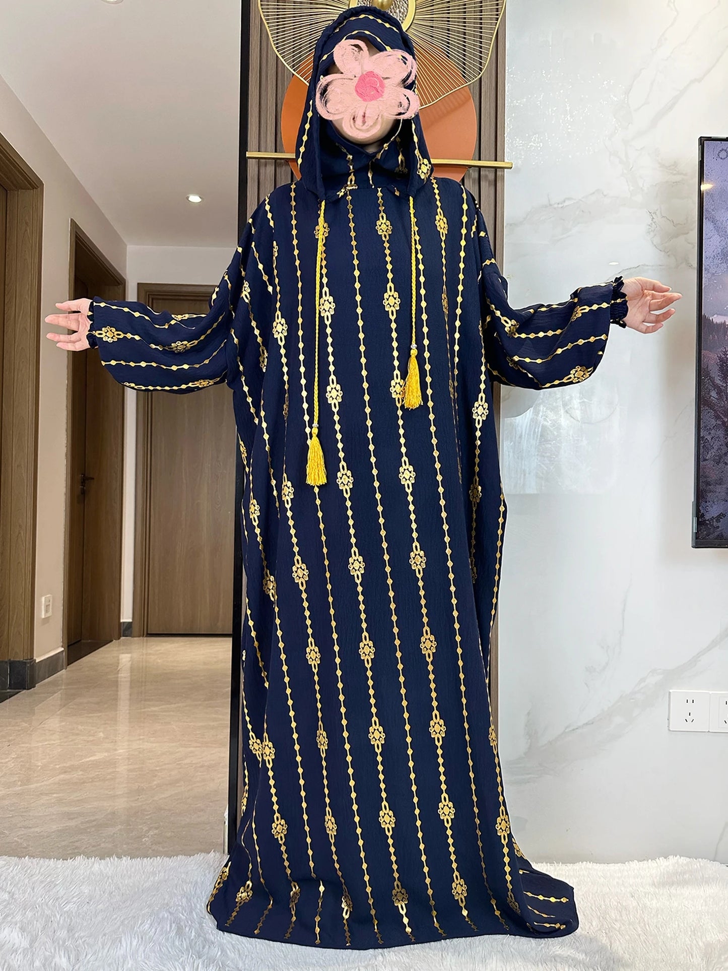 New Cotton Ramadan Muslim Two-Hat Abaya Dubai Turkey Islam Prayer Clothes Gold Dust   Dress Islam Women Dress Kaftan